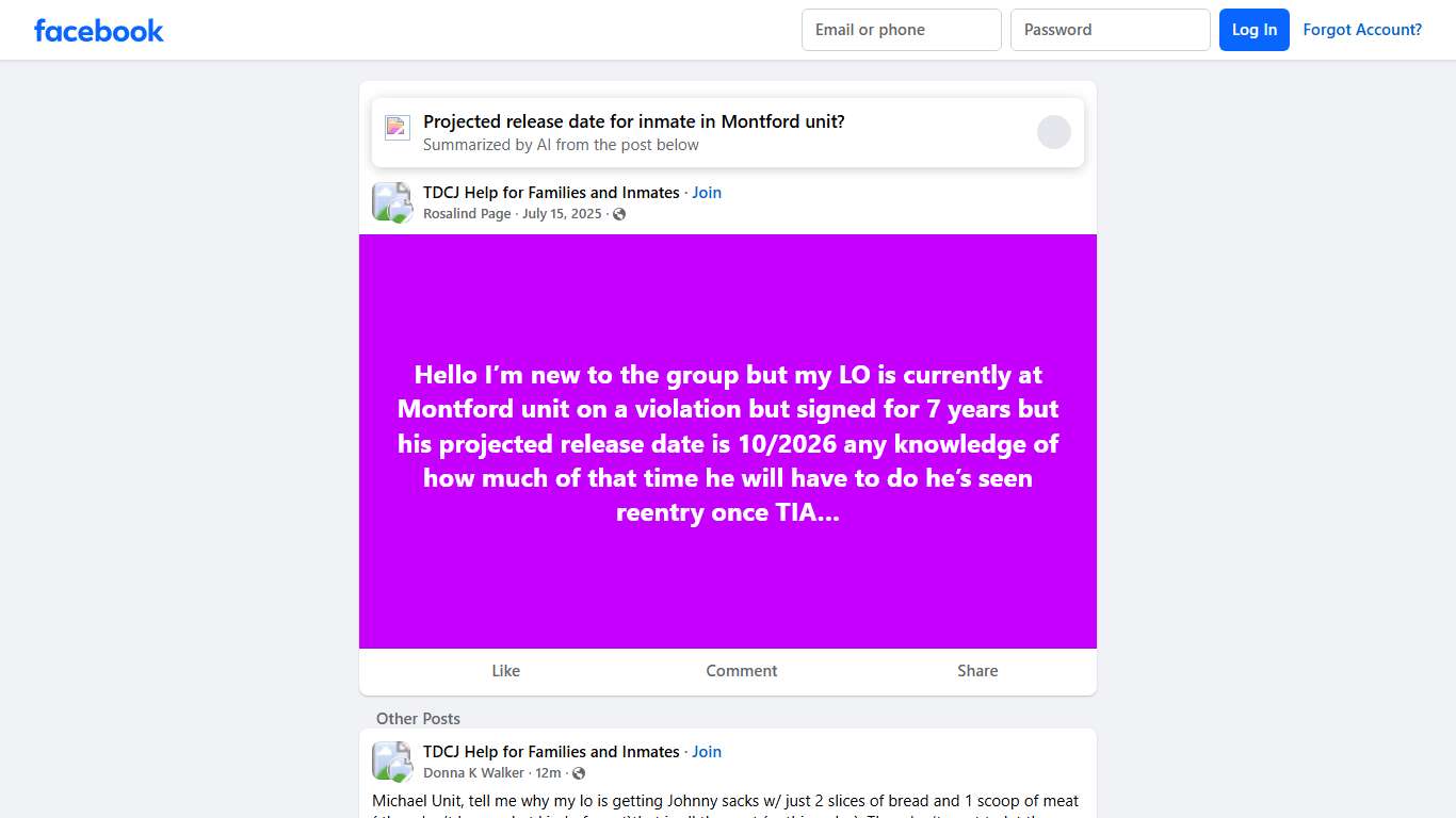 TDCJ Help for Families and Inmates Hello I’m new to the group but my LO is currently at Montford unit on a violation but signed for 7 years but his projected release date is 10/2026 a... Facebook