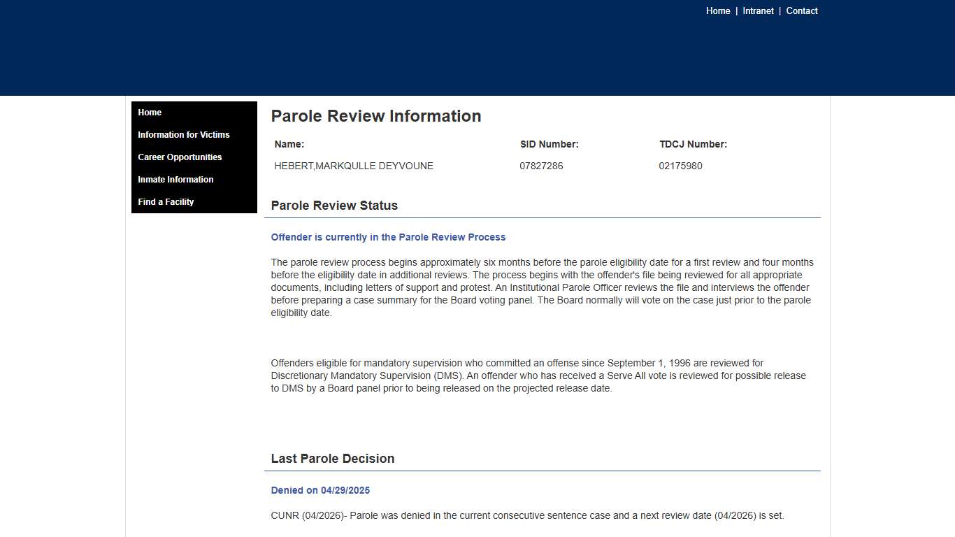 TDCJ Inmate Search - Parole Review