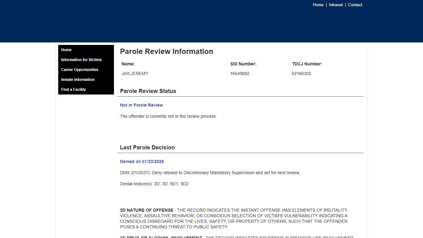 TDCJ Inmate Search - Parole Review