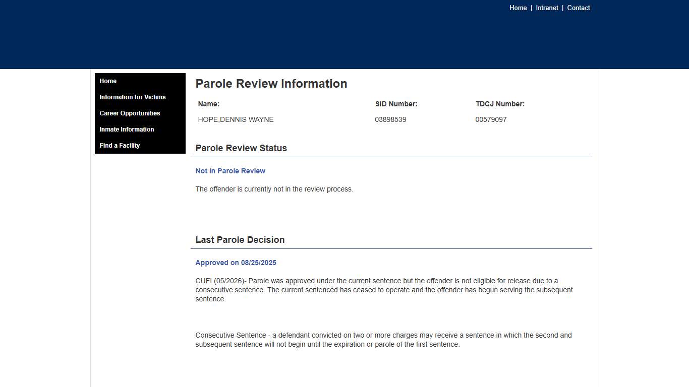 TDCJ Inmate Search - Parole Review