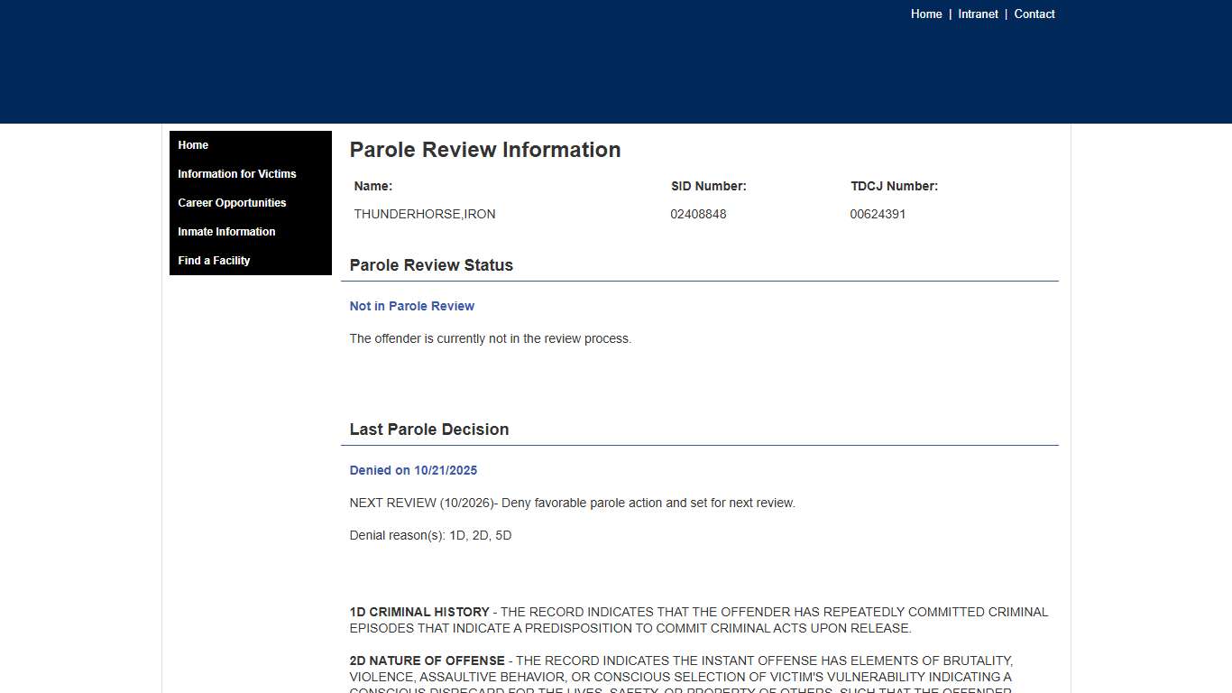 TDCJ Inmate Search - Parole Review